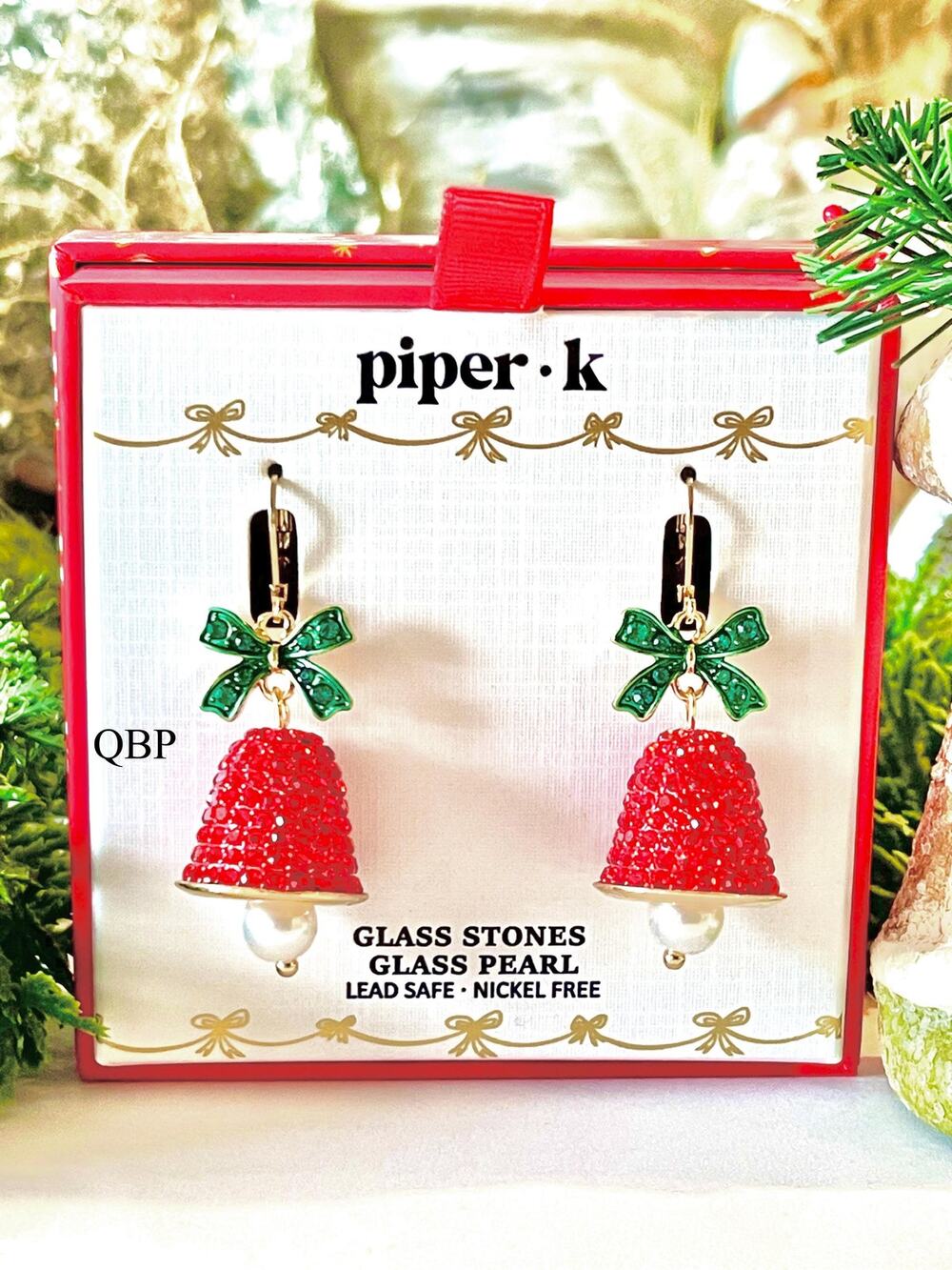 Red Christmas Bell Dangle Earrings, Green Bow, Pearl, Holiday Jewelry, NWT